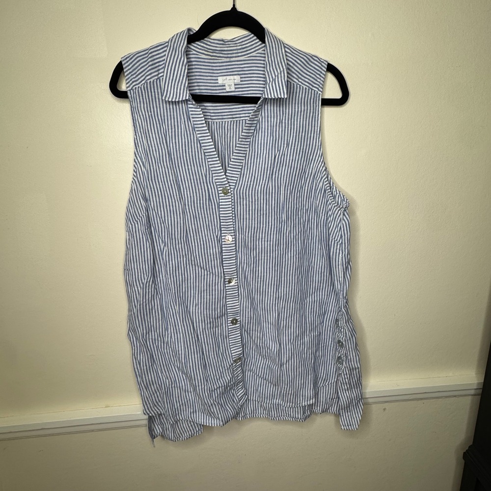J. Jill Sleeveless Top Women XL Tall Blue White Stripe 100% Linen Button Down - Picture 2 of 9